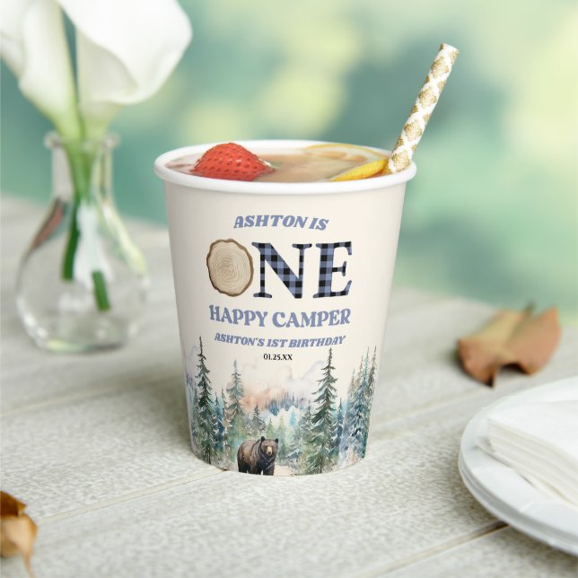 Vasos De Papel ONE Happy Camper Bear Blue Primer Fiesta de cumple (in situ)