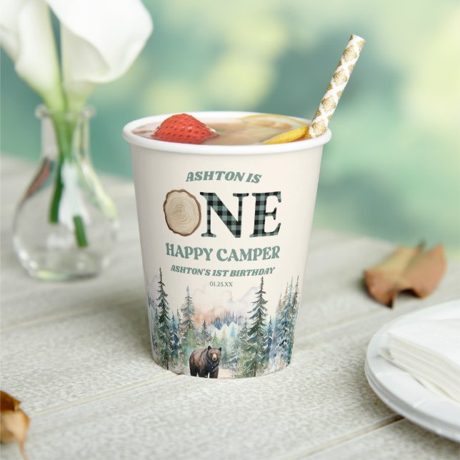 Vasos De Papel ONE Happy Camper Green Bear Primer Fiesta de cumpl (in situ)