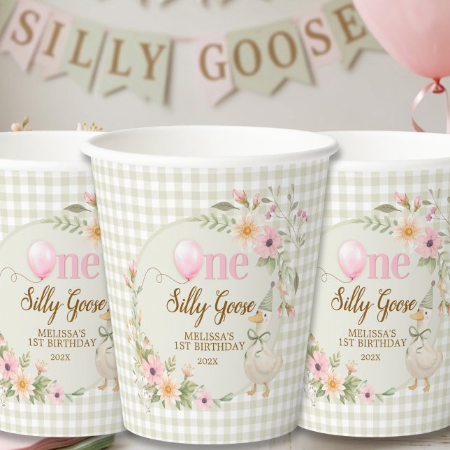 Vasos De Papel One Silly Goose Gingham Pink Floral Birthday  (Subido por el creador)