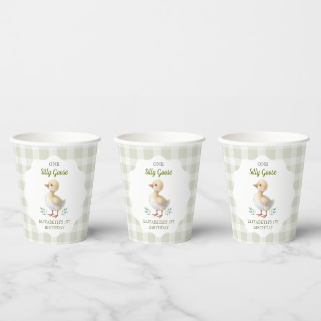 Vasos De Papel One Silly Goose Green Gingham Baby First Birthday (Multi)