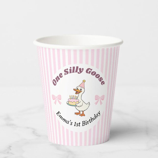Vasos De Papel One Silly Goose Pink Bow 1st Birthday (Anverso)