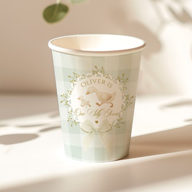 Vasos De Papel One Silly Goose Sage Gingham Gender neutral (Subido por el creador)