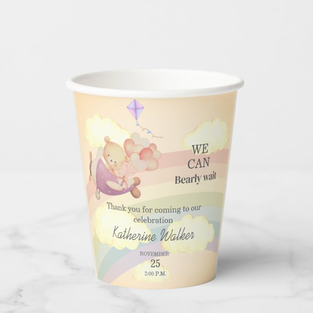 Vasos De Papel orange bear cute AIRPLANE clouds rainbow pastel  (Anverso)