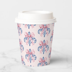 Vasos De Papel Ornamento damasco rosa y azul con arco rosado