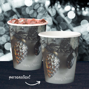Vasos De Papel Ornamentos de Navidad retro negro de plata con cin