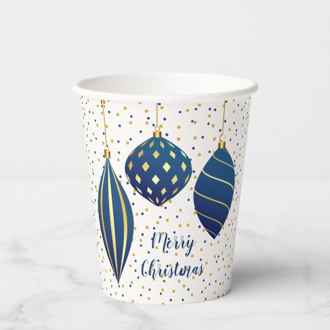 Vasos De Papel Ornamentos de oro azul de Feliz Navidad (Reverso )