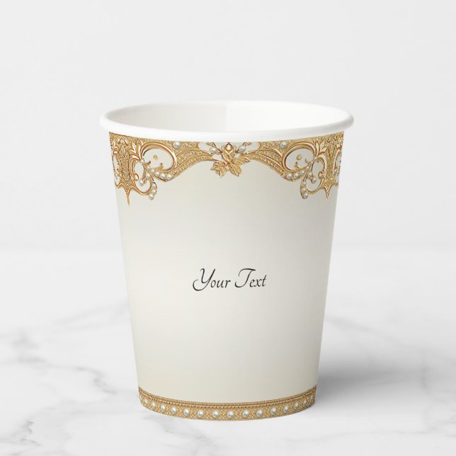 Vasos De Papel Oro Ornate White Pearls Copa (Izquierda)