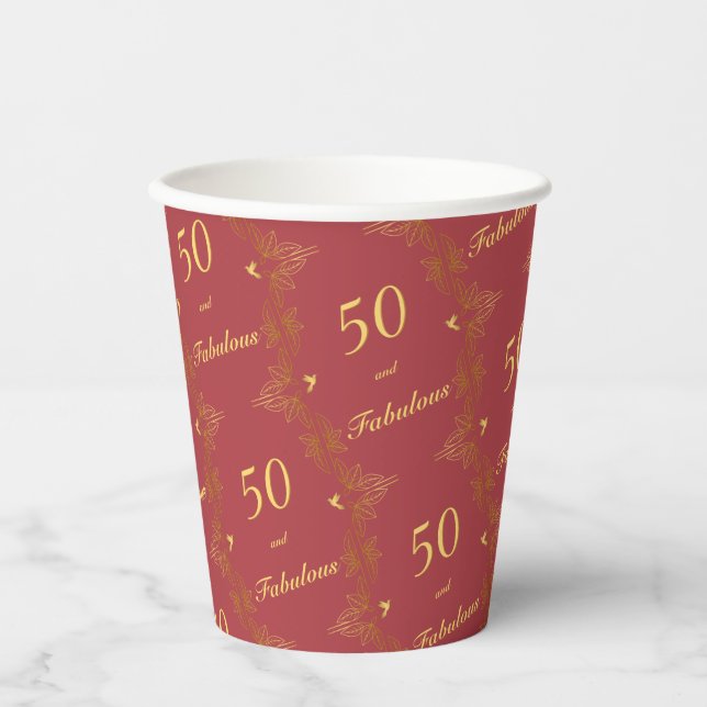Vasos De Papel Oro Rojo Moderno 50 Fabuloso Cumpleaños (Anverso)