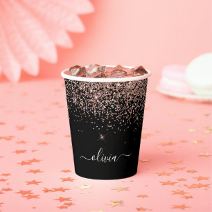 Vasos De Papel Oro Rosa Negro Brillo Destello Monograma