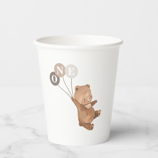 Vasos De Papel Oso 3 Globos Marrones Primer cumpleaños (Anverso)