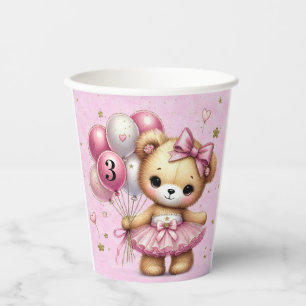 Vasos De Papel Oso Bailarín Rosa Globo de Brillo Fiesta de Cumple