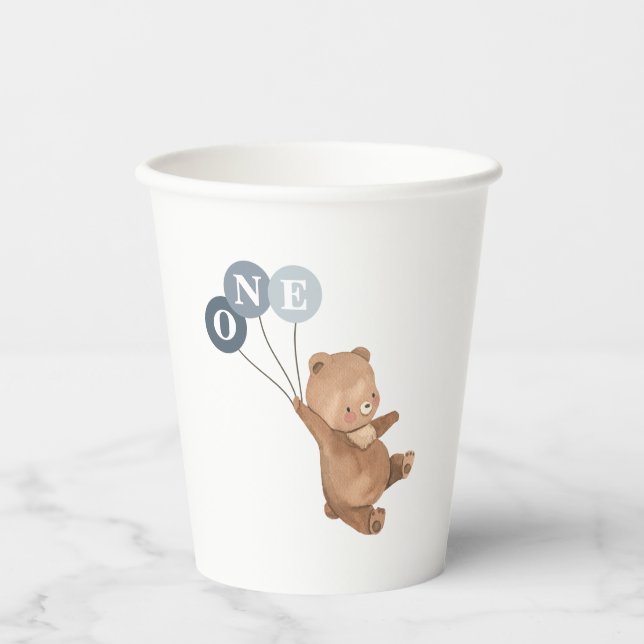 Vasos De Papel Oso con 3 globos azules (Anverso)