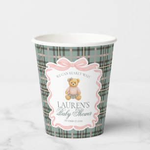 Vasos De Papel Oso con lazo coqueto rosa para baby shower en cuad
