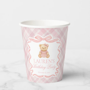 Vasos De Papel Oso de Cumpleaños con Lazo Coquette Rosa Cuadros E