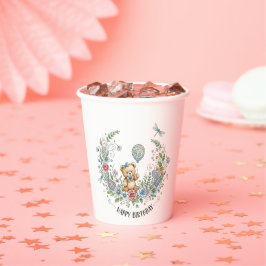 Vasos De Papel Oso de cumpleaños floral boho