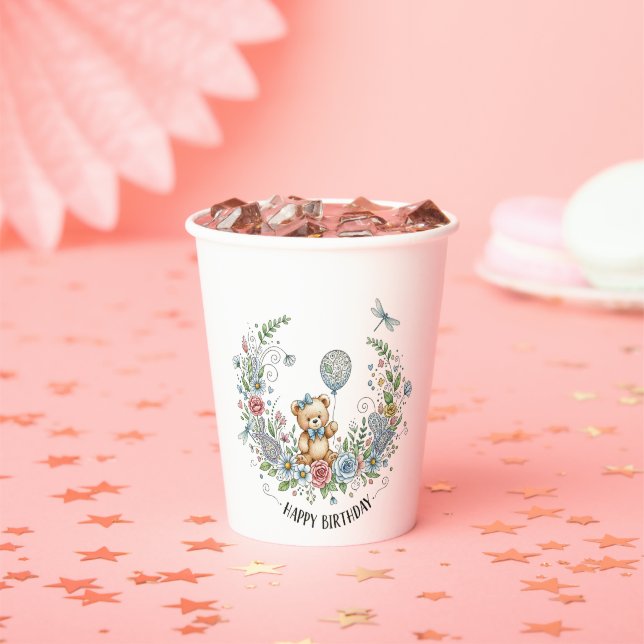 Vasos De Papel Oso de cumpleaños floral boho (in situ)
