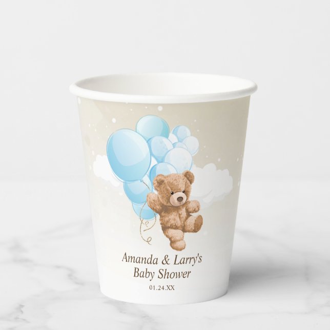 Vasos De Papel Oso de peluche azul y bronceado con globos (Anverso)