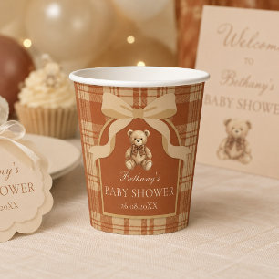 Vasos De Papel Oso de peluche clásico preppy con cuadros naranja 