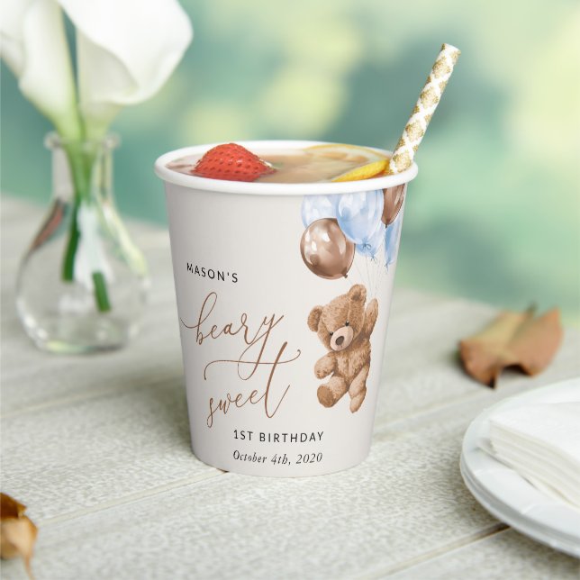 Vasos De Papel Oso de peluche, globos azules, primer cumpleaños (in situ)