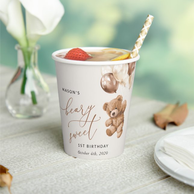Vasos De Papel Oso de peluche, globos marrones, primer cumpleaños (in situ)