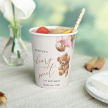 Oso de peluche, globos rosados, primer cumpleaños