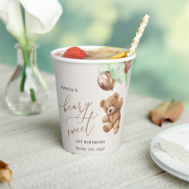 Vasos De Papel Oso de peluche, globos verdes, primer cumpleaños