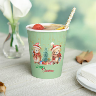 Vasos De Papel Oso de peluche verde rojo Santa Merry Fiesta navid