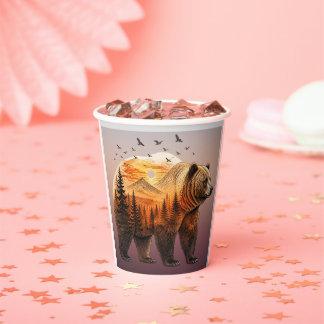 Vasos De Papel Oso Doble Exposición Bosque