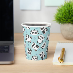 Vasos De Papel Oso panda adorable pata fondo cian