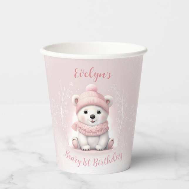 Vasos De Papel Oso Polar Rosa de Invierno Beary 1er cumpleaños (Anverso)
