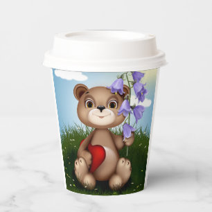 Vasos De Papel Oso sosteniendo ramo de flores-30926