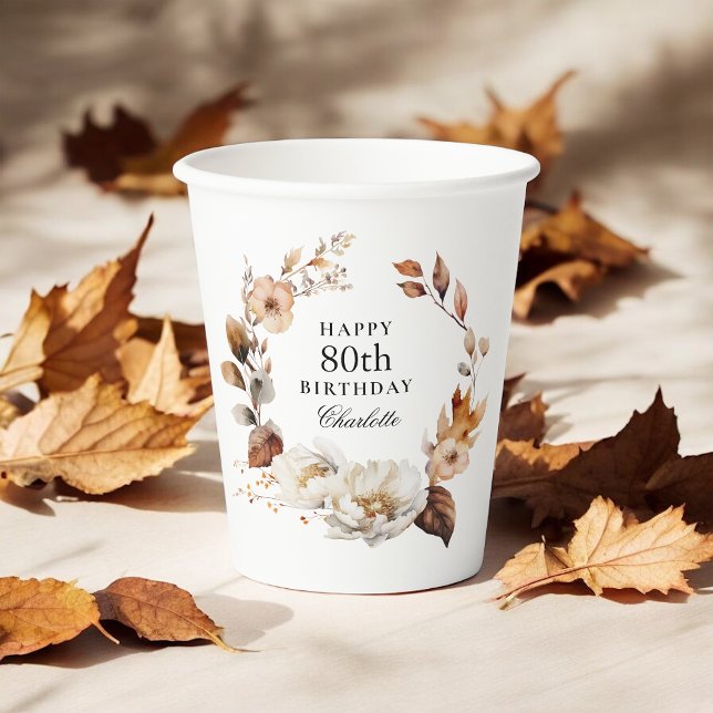 Vasos De Papel Otoño Floral acuarela Botánica 80 cumpleaños (Subido por el creador)