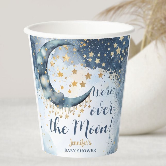 Vasos De Papel Over The Moon Baby Shower Boy Blue Twinkle Stars (Subido por el creador)