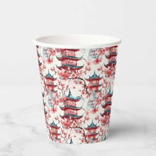 Vasos De Papel Pagoda china acuarela con flores de cerezo (8)