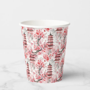Vasos De Papel Pagoda china acuarela con flores de cerezo (9)