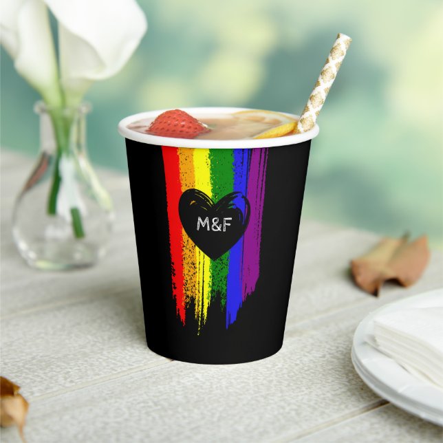 Vasos De Papel Paint Strokes Pride Flag & Black Heart Initials (in situ)