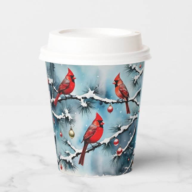 Vasos De Papel Pájaros del cardenal rojo en Navidades de ramas ne (Anverso)