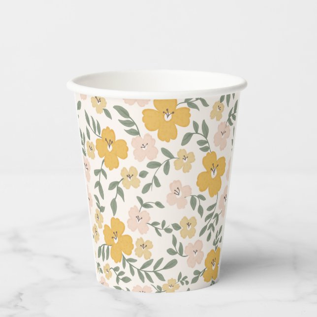 Vasos De Papel Pala de flores de Hibiscus amarillo dibujada (Anverso)