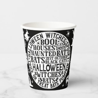 Vasos De Papel Palabras espeluznantes Arte Halloween blanco y neg