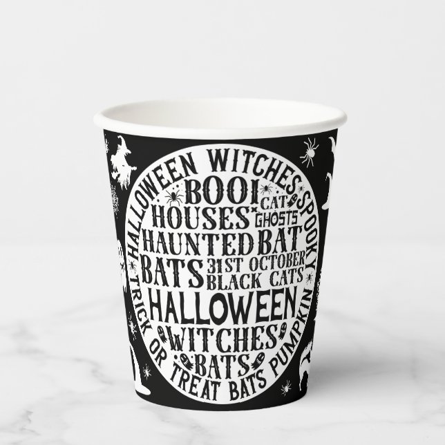 Vasos De Papel Palabras espeluznantes Arte Halloween blanco y neg (Anverso)