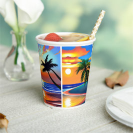 Vasos De Papel Palmeras tropicales bonitos y atardeceres oceánico