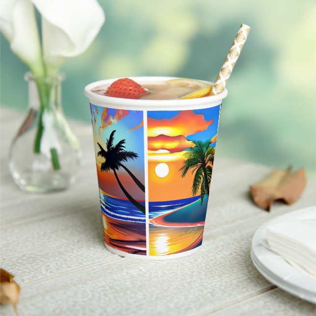 Vasos De Papel Palmeras tropicales bonitos y atardeceres oceánico (in situ)