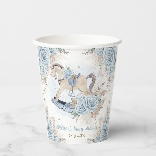 Vasos De Papel Pampas Grass Blue Floral Rocke Horse Baby Shower (Anverso)