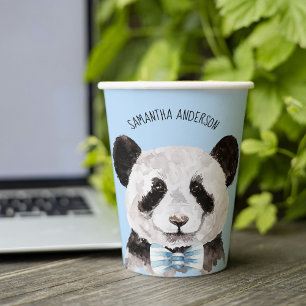 Vasos De Papel Panda Acuático Moderno Con Nombre Y Azul Pastel