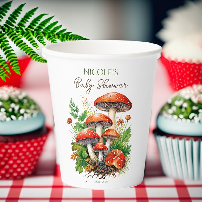 Vasos De Papel Pantalón impreso para la ducha de bebé de hongos s (Wild forest red mushrooms green fern baby shower printed template paper cups personalized decor)
