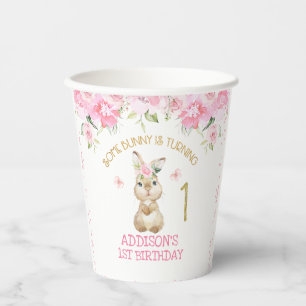 Vasos De Papel Papel de primer cumpleaños de conejo de flores ros