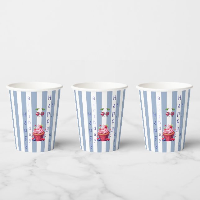 Vasos De Papel Paper Cup Blue & White Stripe Birthday (Multi)