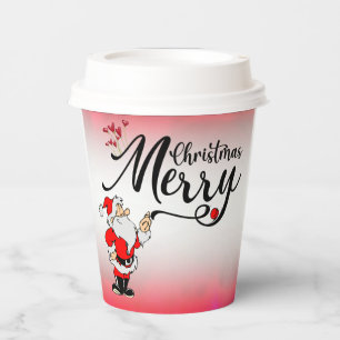 Vasos De Papel Paper cup con papá Noel escribiendo feliz navidad