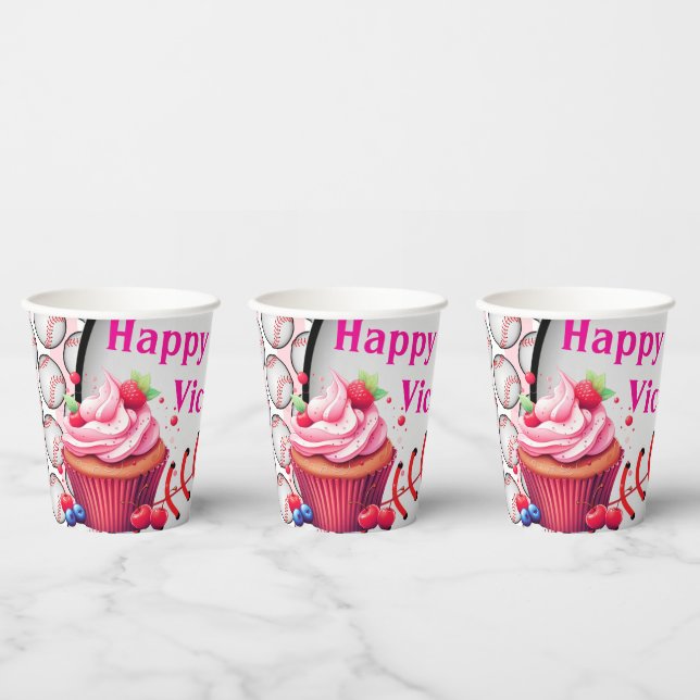 Vasos De Papel Paper Cup Pink White Stripe Birthday Baseball (Multi)