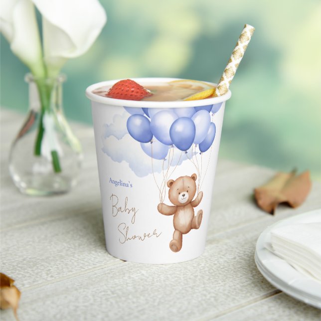 Vasos de papel para baby shower con oso de peluche (in situ)